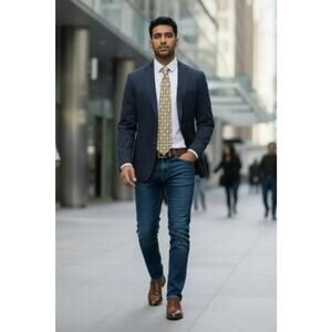 Hickey Freeman Men's Necktie Gold Blue Geometric Pattern, Silk, USA